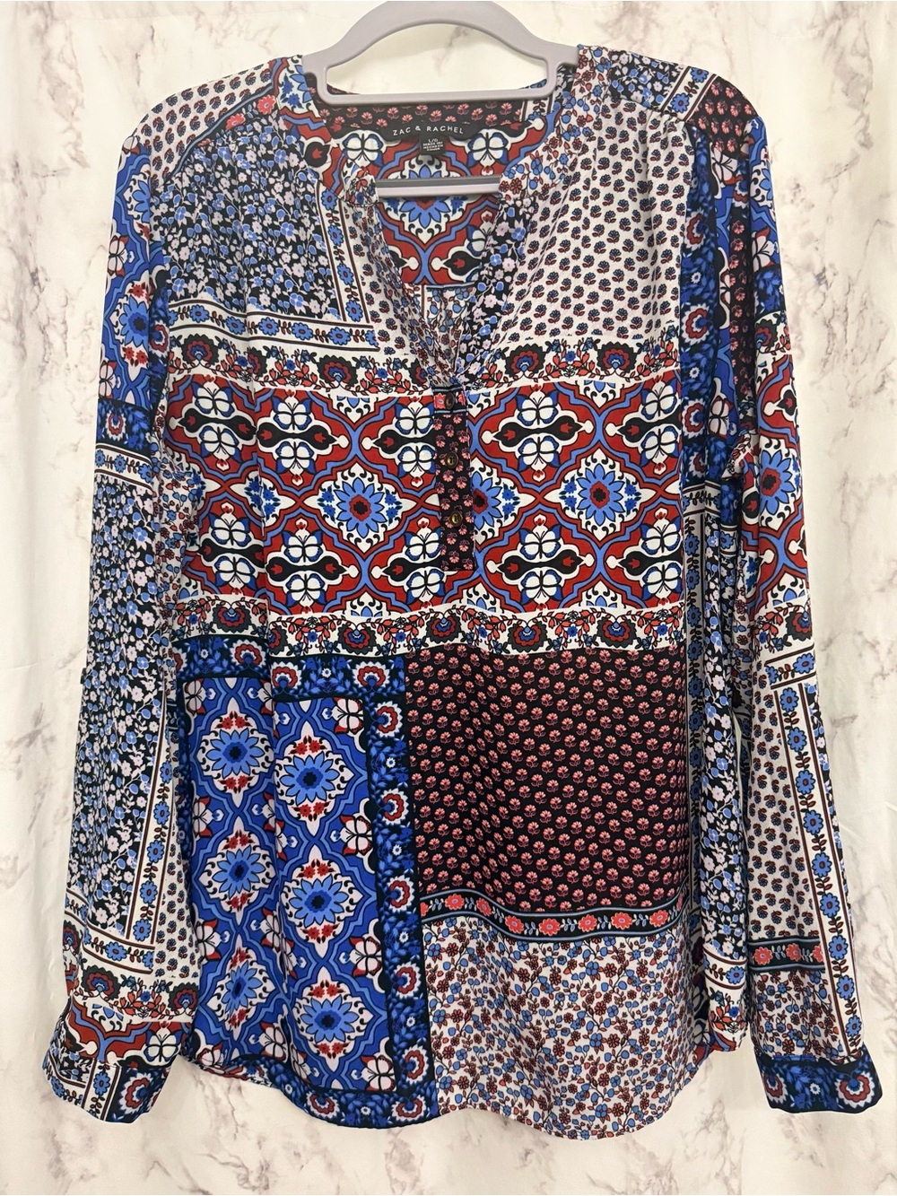 Zac & Rachel Blue and Red Patchwork Print V-Neck Long-Sleeve Blouse